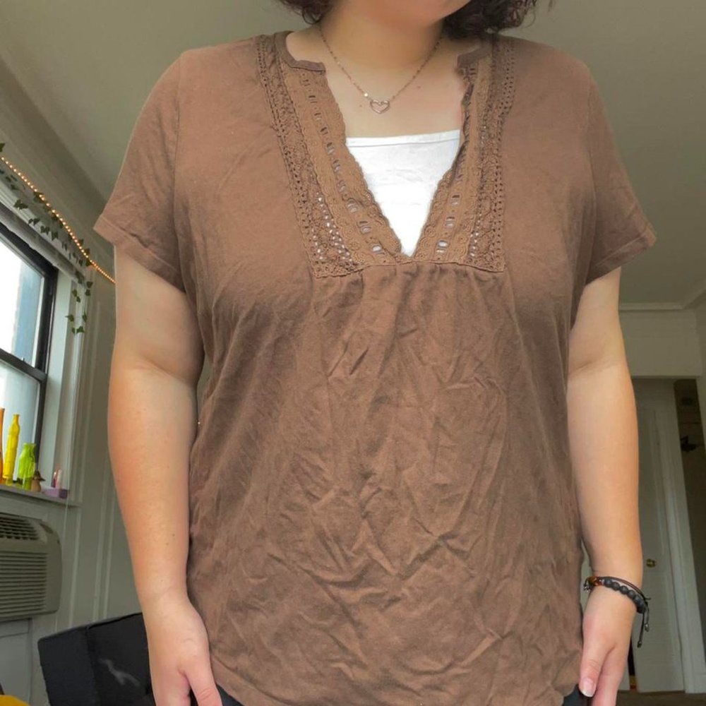 brown short sleeve t shirt with white built in tank over v neck